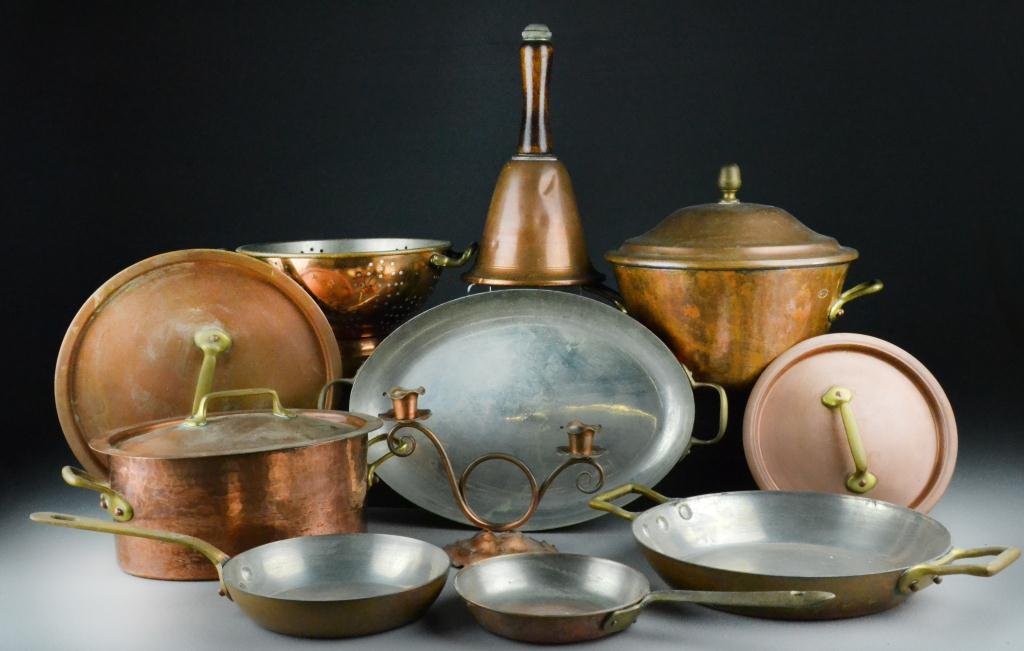 (9) Pcs. Early American Copper Cookware: To include covered saucepans, covered cookpans, an unusual dinner, strainers, etc., for labelled Kitchen Glamoring, Detroit, Michigan - Made in France, a nice grouping, largest measures 14.5" W, all w