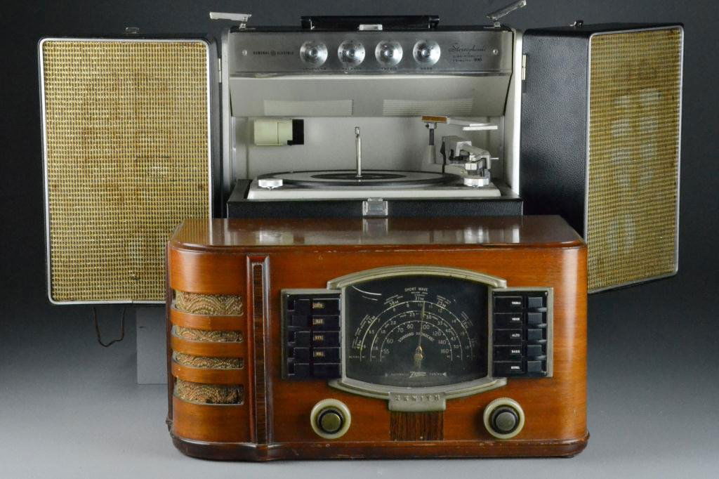 (2) Zenith Radio & GE Portable Stereo: Zenith Automatic tube radio with standard/shortwave/police bands along with GE portable stereo record player with hinged tilt-out speakers, turntable with arm and 78/45/33/16 speeds, has original cent