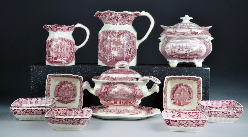 (14) Pcs. Mason's Iron Stoneware: Consisting of serving pieces of dinnerware in red transferware: 2 pitchers, small tureen with ladle and tray, covered compote and 8 square bowls, circa late 19th-early20th centuy , largest is 6.5" H, 