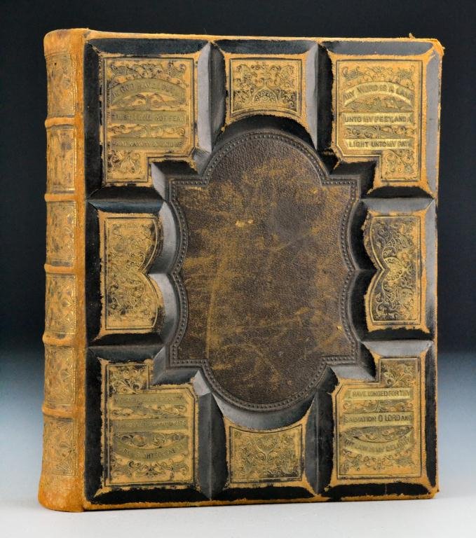 Antique Bible - Old and New Testament: Gilt and leather cover, color illustration on front page and filled with black and white engraved illustrations throughout, published 1873 by William W. Harding, Philadelphia, some wear to cover, inte