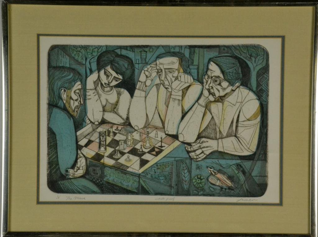 Irving Amen Etching Artist Proof Titled "The Move: Depicting four people surrounding a chess board, signed LR by Irving Amen, New York artist 1918 - 2011, written in pencil artist proof, titled "The Move," 19" H x 25" W, sight and frame. Circa mid 20t