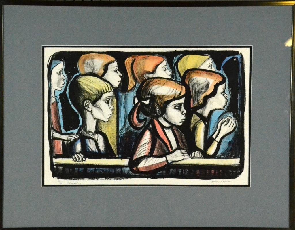 Irving Amen Colored Lithograph Titled "Theatre": Depicting profiles of seven children, signed LR by Irving Amen, New York artist 1918 - 2011, 25.75" H x 33" W, sight and frame. Circa mid 20th century.
