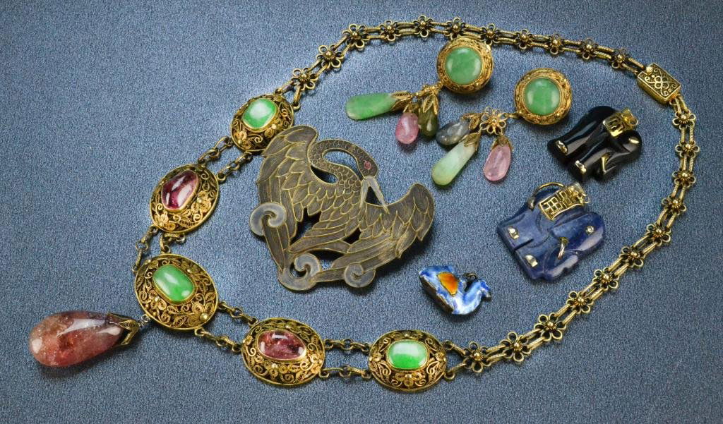 (7) Chinese and East Indian Jewelry & Charms: Consisting of matching necklace and earrings of gold-plated silver filigree with jade and rose quartz, two elephant charms of lapis and black onyx with gold-plated silver saddles marked with symbols o