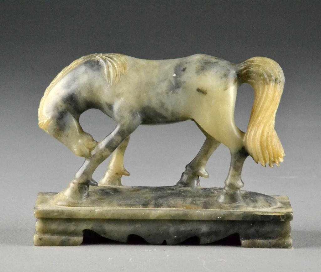 Chinese Qing Carved Soapstone Horse: Depicting bowing horse raised on rectangular plinth, 5" H x 6.75" L, circa 19th century, minor surface scratches. Private collection of a Fairview Park, Ohio Lady.