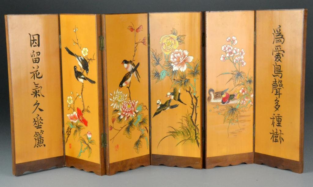 Chinosoire Small 6-Panel Table Screen: Depicting carved birds and floral decoration with red seals, two panels of calligraphy, circa 20th century, 4" W x 12" H, good condition. Property of Farmington Hills, Michigan gentleman.
