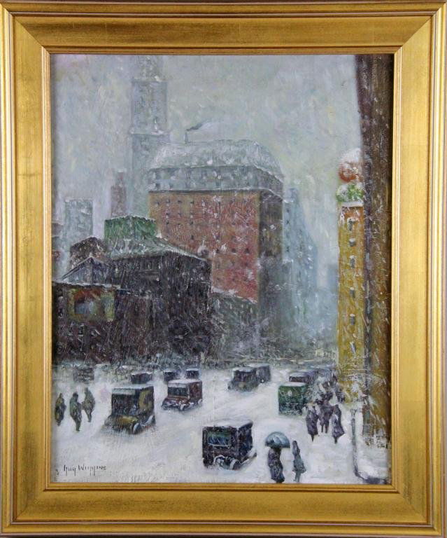 Guy Carleton Wiggins Oil Painting On Canvas: Depicting a 1920's New York City snowstorm, signed LL Guy Carleton Wiggins (1883 - 1962) New York artist known for his New York winter landscapes. Size: 19.5" H x 15.5" W sight, 24.25" H x 20.25" W fr