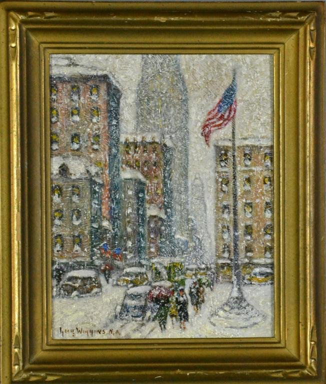 Guy Carleton Wiggins Oil Painting On Canvas: Depicting a New York snowstorm with a prominent American flag, painted on canvas board, signed lower left, Guy Carleton Wiggins (1883 - 1962) New York artist known for his impressionistic snow scenes,