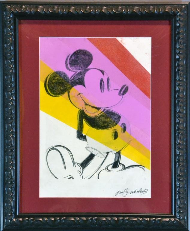 Andy Warhol Mixed Media On Heavy Laid Paper: Depicting Mickey Mouse, signed lower right. Andy Warhol (1928 - 1987) New York artist known for his pop art, 16" H x 12" W sight, framed and mounted behind glass. Condition: with slight paint rubbing 