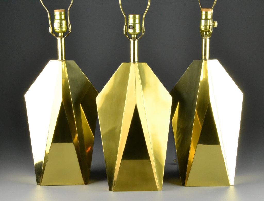 (3) C. Jeru Style Brass Table Lamps: Geometric 3-D design with square base, highly polished, 20" H x 9.5" Diameter, circa mid-20th century, good condition. Property of David and Carol Walker, Sterling Heights, Michigan.
