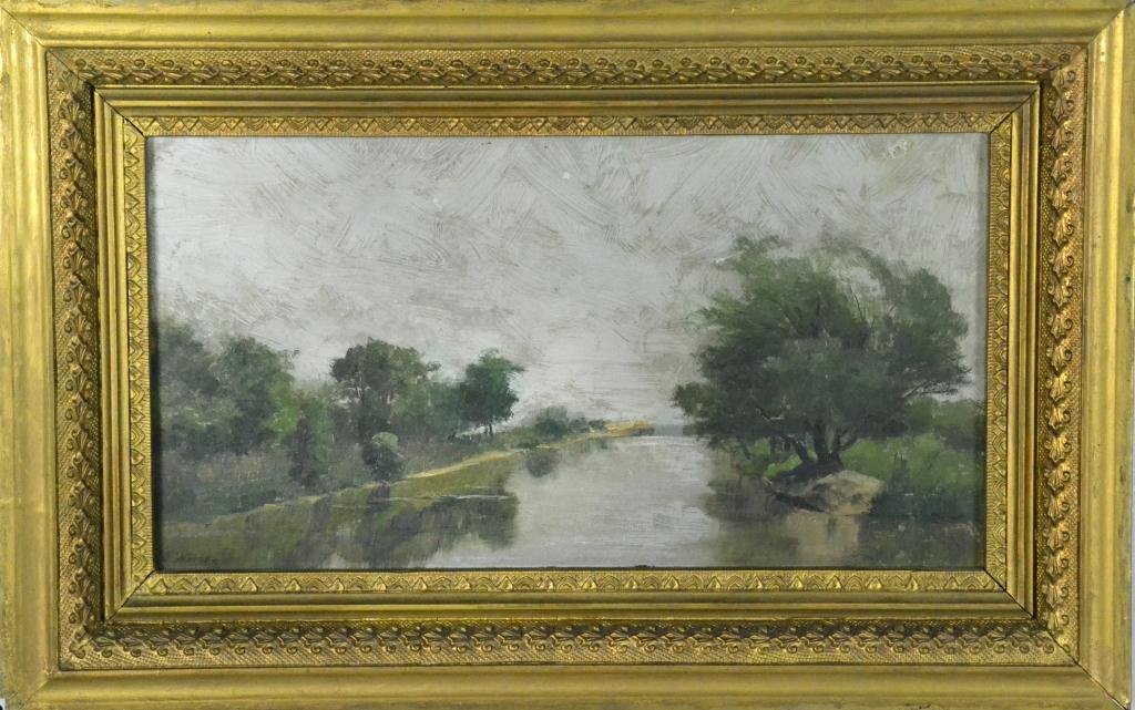 Sophy S Warren Oil Painting On Canvas: Depicting landscape and river scene, signed LL S. Warren. Sophy S. Warren (1865-1978) Was a United Kingdom Artist Known For Landscapes, in original gilt wood frame, 7.5" H x 14.5" W sight, 12.5" H x 1