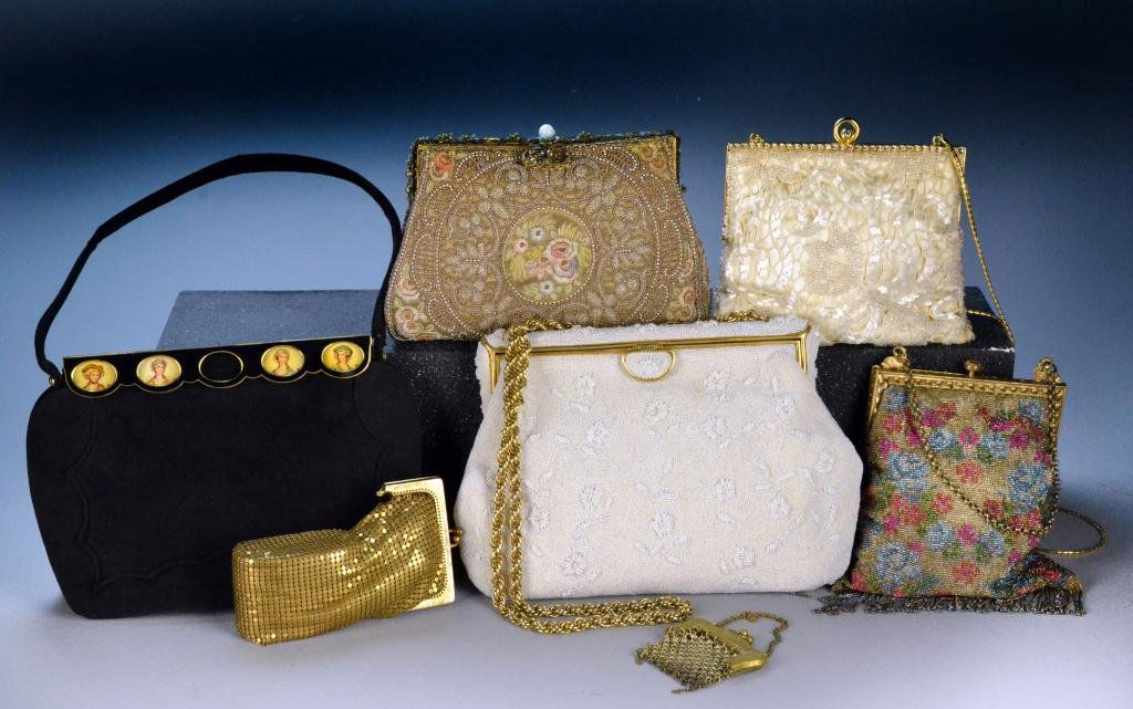 (7) Antique and Vintage Beaded Purses: Consisting of a variety of finely beaded and embellished ladies handbags, largest is 7" H, circa early 20th century, condition varies. Private collection of a Flint lady.