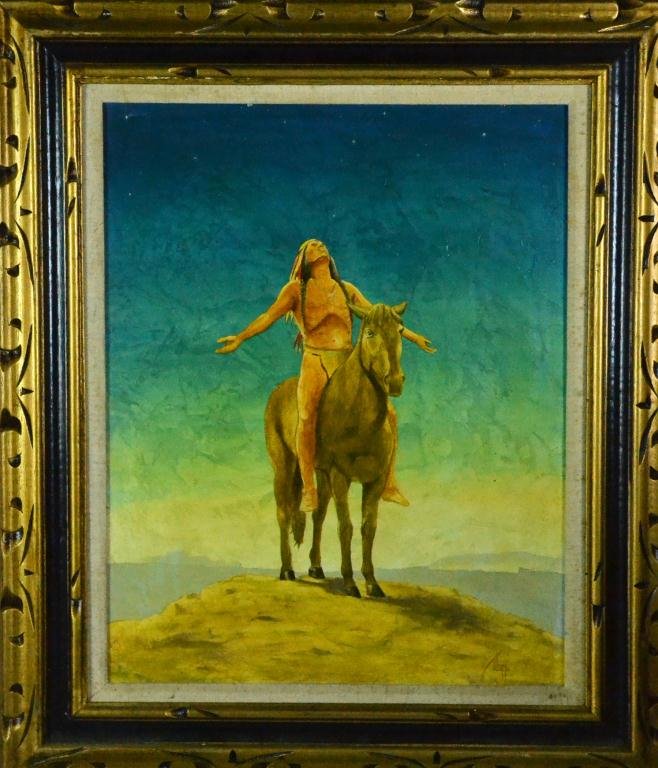 Style of Frederic Sackrider Remington Oil Paintin: Painted to depict a Native American Indian on horseback signed with monogramed signature (unreadable) lower right, Frederic Sackrider Remington (1861-1909) known for his western genre paintings and br