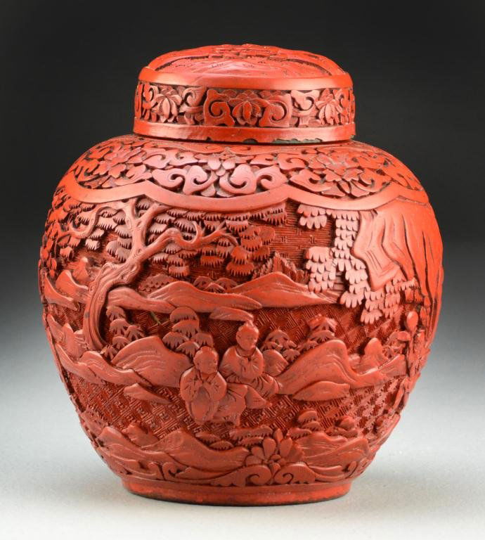 Chinese Qing Carved Cinnabar Covered Jar: Finely carved to depict figures amongst a continous landscape, the lid carved with a seated elder, 6.75" H, circa early 20th century, slight crimp to inside of rim. Important Grosse Pointe Shores, Mic