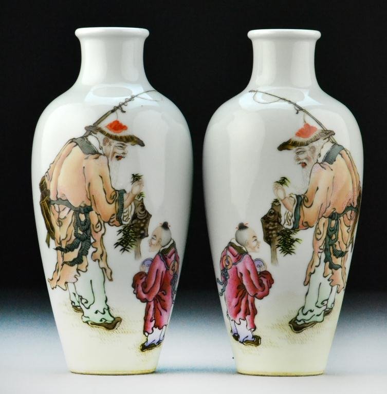 Pr. Chinese Porcelain Vases Attr. To Wang Qi: Each finely painted to depict a fisherman and young boy, each signed, sealed, and with several lines of calligraphy, possibly a poem, 8.25"H, circa 20th century. Private collection Daly California.