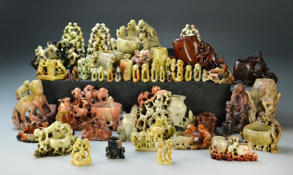 (40+) Pcs. Chinese Carved Soapstone: To include vases and small carvings all depicting monkeys, some with carvings of other animals including rooster and deer, tallest is 5.25"H. Important Grosse Pointe Shores Michigan Collection.