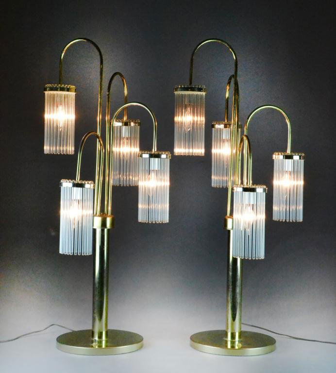 Pr. Gaetano Sciolari Mid Century Waterfall Lamps: Each having four arms and lights, hung with long cylindrical glass prisms, 39"H, circa mid-20th century. Good overall condition. Property of a St. Clair Michigan Lady.