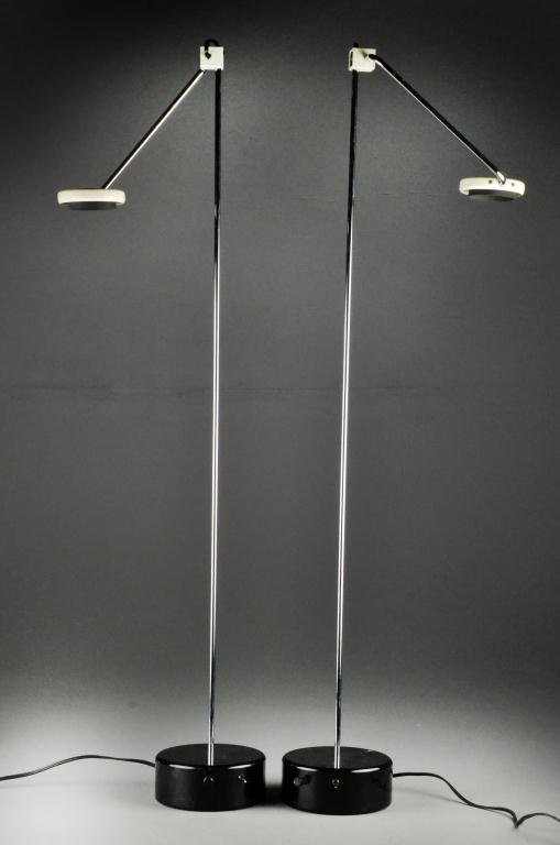Pr. Modern To Mid Century Microphone Lamps: Having chrome standards with white cube accents raised on black lacquer metal circular bases, of high quality with movable heads and necks, each with dimmer switch, 49" H fully extended, circa 1930's-