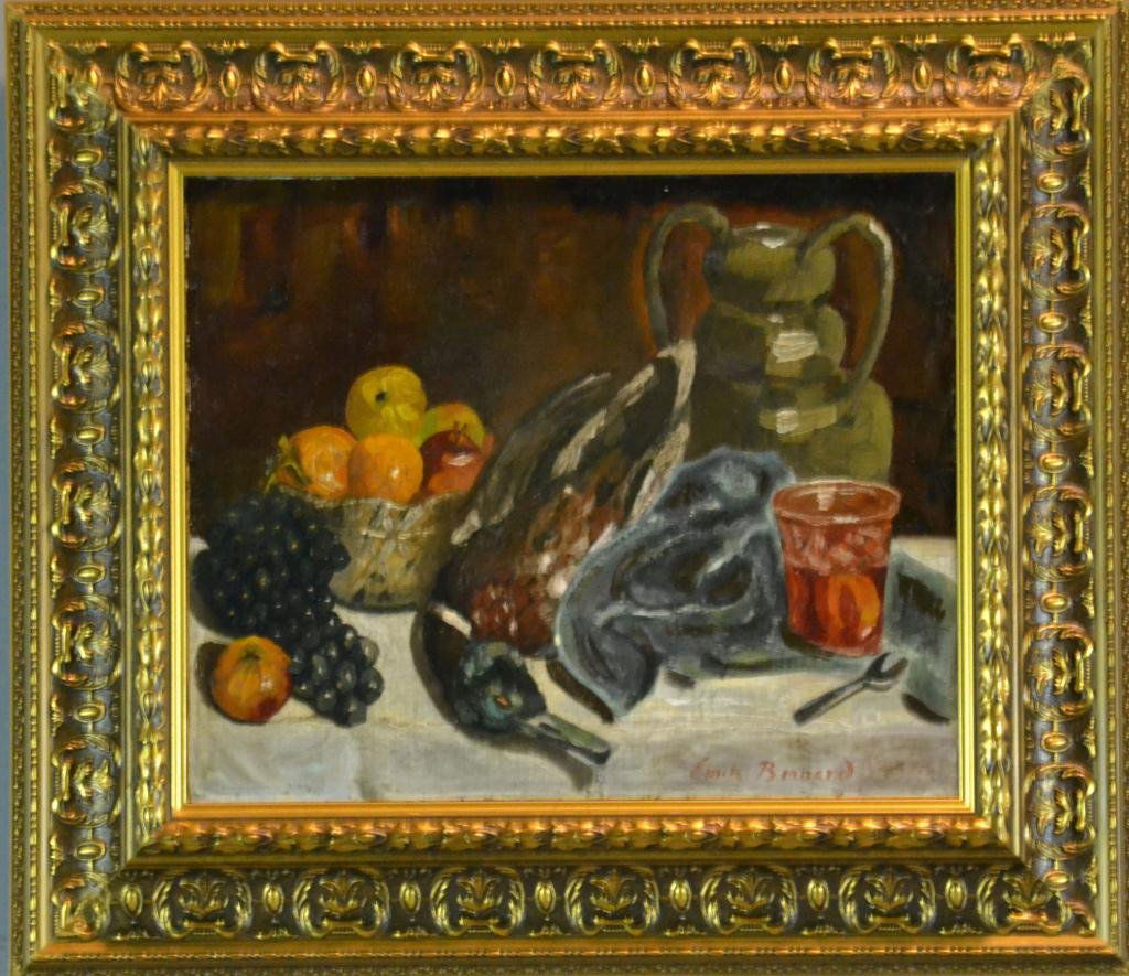 Emile Bernard Oil Painting On Canvas: Depicting a still life with basket of fruit, a bunch of grapes, a duck, a jug, and table wares, signed lower right, Emile Bernard (1868 - 1941) was a French artist, known for his post impressionistic