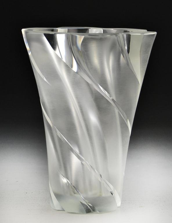 Lalique Narcisse Clear and Frosted Glass Vase: Having frosted cut-to-clear pronounced ribs, with etched signature "Lalique France", 10.25"H, circa 20th century. Property of a Birmingham Michigan Gentleman.
