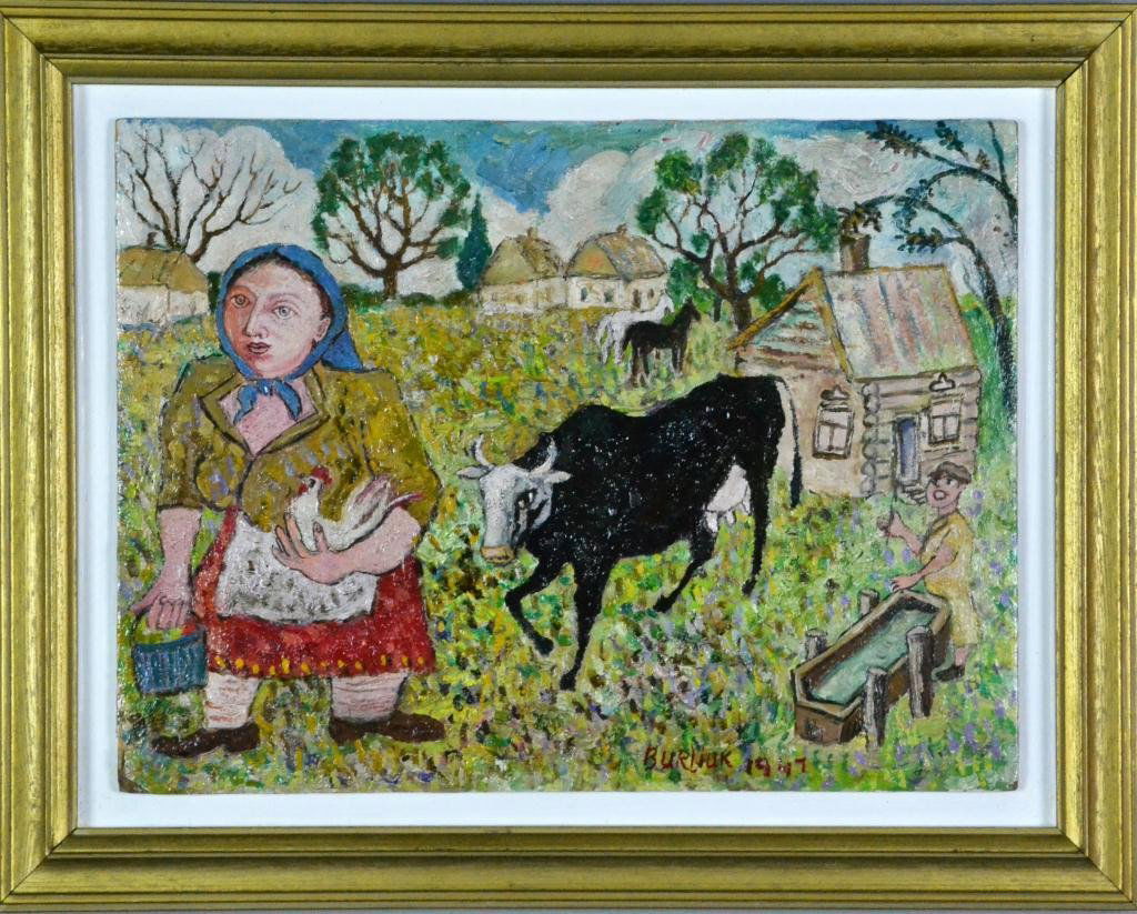 David Davidovich Burliuk Oil Painting On Board: Portraying a peasant women within a farm setting, signed lower right, and dated 1947. David Davidovich Burliuk (1882 - 1967) was a Russian-Ukrainian artist who was a central figure in the Russian avan