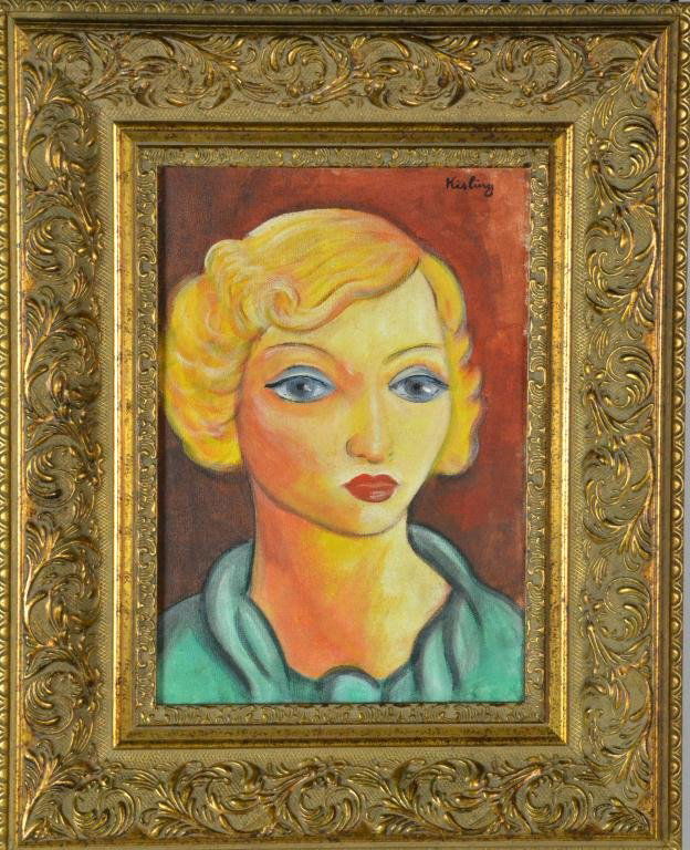 Signed Moise Kisling Oil on Canvas: Depicting portrait of a woman, titled "Portrait," signed upper right Kisling (1891-1953) California/Israel artist known for figurative portraits, 13" H x 9" W sight, 20" H x 16" W framed. Condition: g