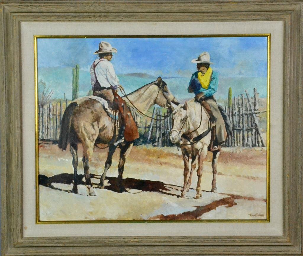 Tom Dorr Oil Painting On Canvas: Titled "Starting the Day" depicting two cowboys on horseback within a corral. Tom Dorr (born 1950) was an American artist working in Arizona and Colorado, and paints contemporary working cowboys. 24"H