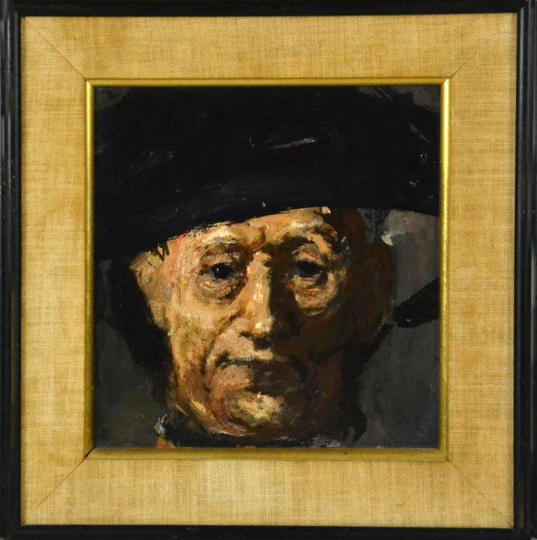 Oil Painting On Board Possibly Jack Levine: Depicting a gentleman with cap, unsigned. Jack Levine 1915-2010 was a New York artist known for his modern genre and caricature paintings,11" H x 10.75" W sight, circa 20th century. Private Collection