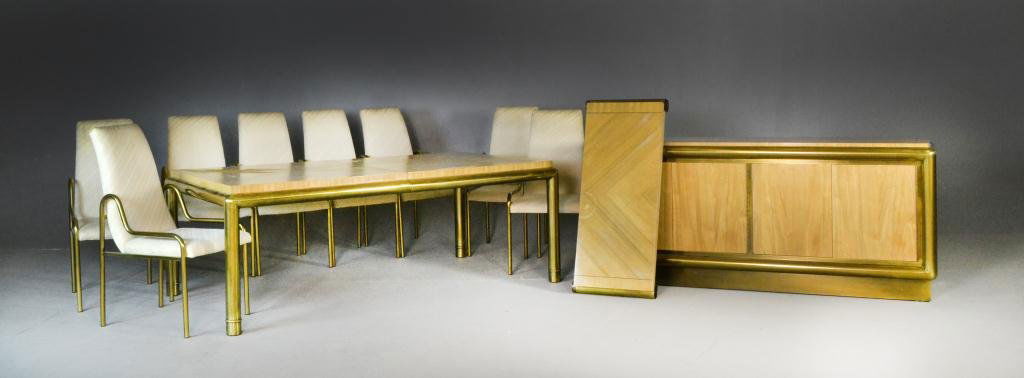 (12) Piece Mastercraft Dining Room Set: Parquet wood dining room table with brass tubular legs and trim, matching buffet with four doors and four drawers along with set of eight upholstered chairs with brass trim, table 30" H x 47" W x 82"