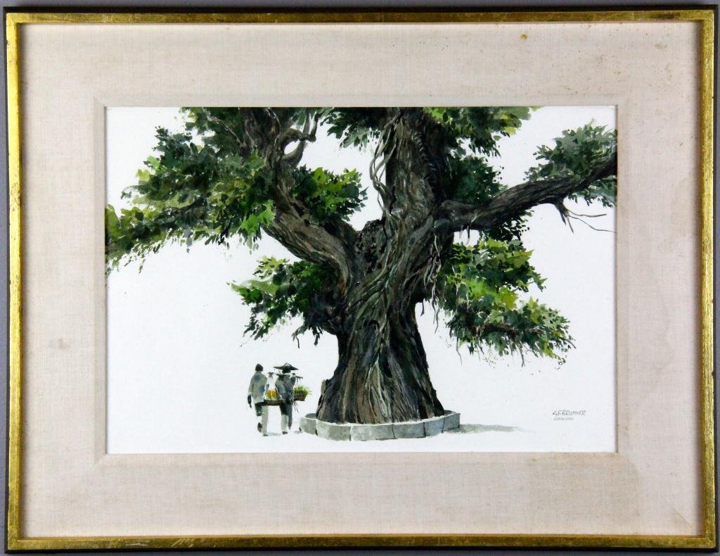 Gerald F. Brommer - Watercolor on Paper: Title " Guang Zhou," depicting large ancient Chinese tree with two figures walking beneath it, signed LR G.F. Bromme. Gerald F. Brommer, is a California artist b. 1927, known for landscape-coastal wat