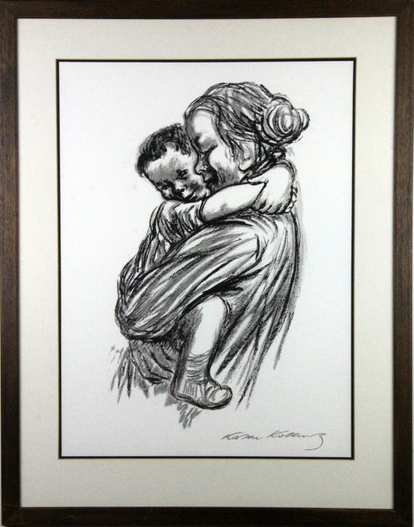 Kathe Kollwitz Lithograph: Depicting mother holding child in gray and black, (1867-1945) a German artist know for etchings and lithography of ailing mothers and babies, signed in the print, circa early-mid 20th century, 22" H x
