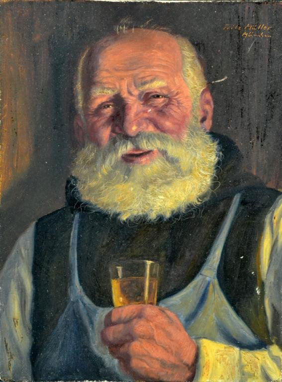 Fritz Muller Oil Painting on Board: Painted to depict a bearded gentleman in coveralls holding a beer, signed upper right. Fritz Mueller(1913-1972) was a German artist known for portraits and genre paintings, unframed, 9.5"H X 7"W, circ