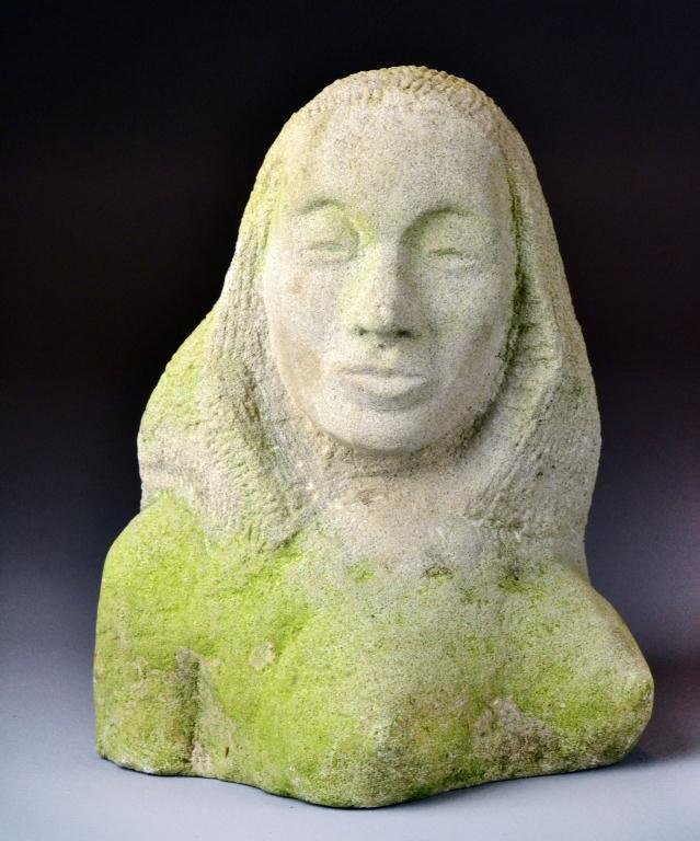 American Carved Limestone Bust: Depicting a lady with long flowing hair, well chiseled, 11.5:H, circa early 20th century. Condition: good. Private collection Harper woods Michigan.