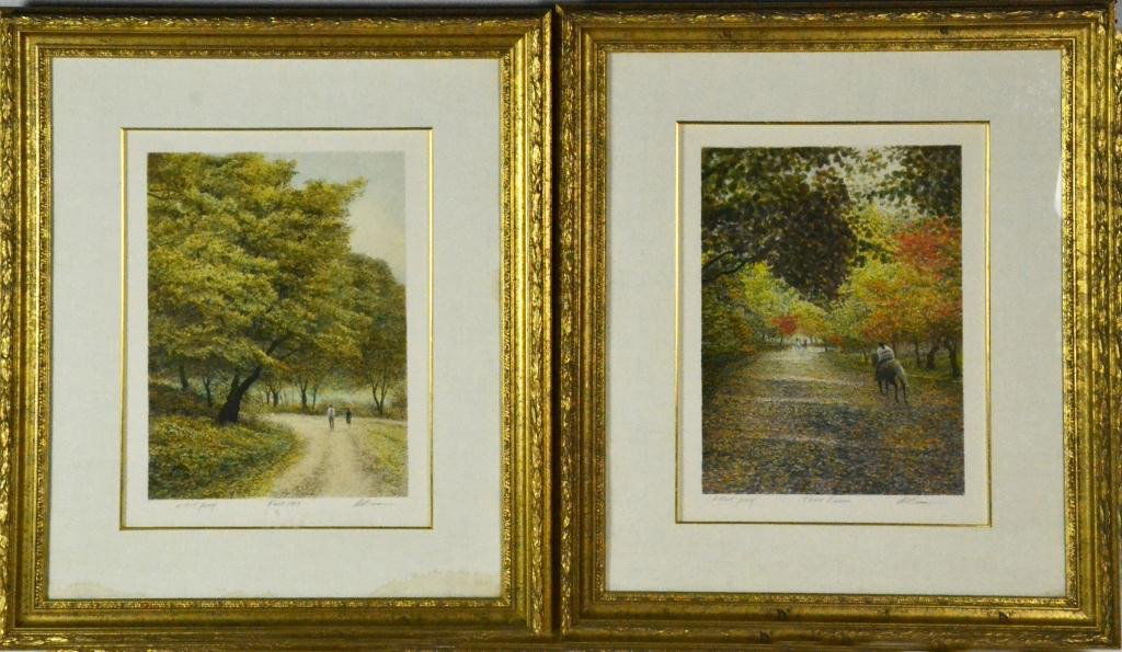 Pr. Harold Altman Lithographs in Color: Both are artist's proofs, one titled "Three Riders" the other titled "Fall 1989," both pencil signed lower right, both nicely framed and matted behind glass, image measures 20.5" H x 15" W, overall 32