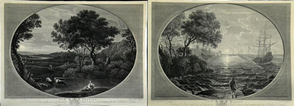 (Pr) Claude Le Lorrain Engravings: Titled "Sun Rising" and "Sun Setting," Claude Le Lorrain (1600-1682) known for idealist pastoral landscape paintings, 15" H x 18" W unframed, circa 18th century. Condition: good. Private collection of