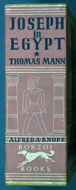 1938 Vol. 1 & 2 Joseph In Egypt By Thomas Mann: Albert A. Knopf Inc. published Feb. 28, 1938, sixth printing, with transparent dust jacket on both volumes, with slipcase. 8" H x 5.5" W. Condition: Some staining to the slipcase, fraying to the dustj