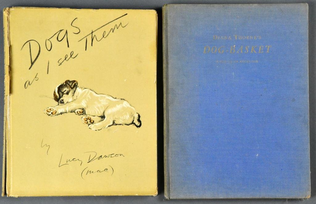(2) 1930's Illustrated Dog Books: To include Diana Thorne's "Dog Basket" a series of etchings, New York William Edwin Rudge, 1930, 12" H x 9.5" W. The book has some minor fraying to the head and foot of the spine and the corners, othe