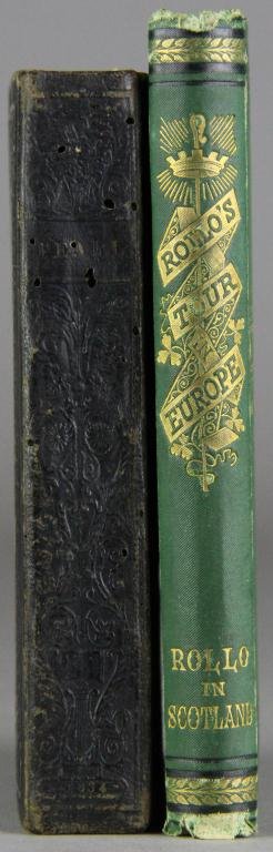 (2) 19th Century Leather Bound Books: To include Rollo's Tour In Europe, Rollo in Scotland, by Jacob Abbott, Sheldon & Co. New York, 1878, green binding, raised gilt and black embossing to the cover and the spine, illustrated, 6 7/8" H x 