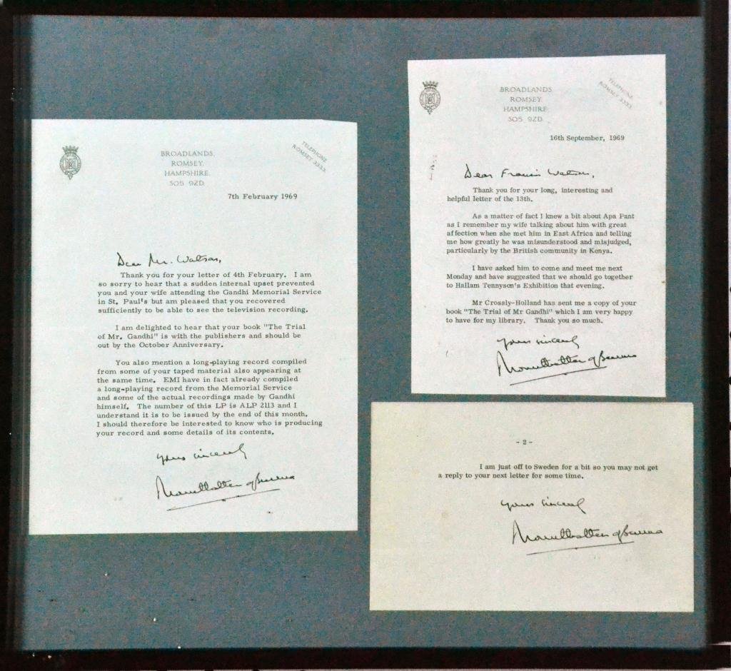 (3) Signed Lord Mountbatten Letters: To include three signed letters by Lord Mountbatten, ( 1900 - 1979). Two letters to Francis Watson, author of the 1969 book " The Trial of Mr. Gandhi," dated: Feb, 7th, & Sept 16th, 1969, discussing h