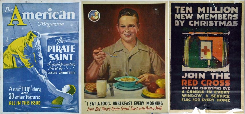 (3) Red Cross Poster, Maltex Cereal, & Book Ads.: To include a " Ten Million New Members By Christmas," " Join The Red Cross," poster, a " I Eat A 100% Breakfeast Every Morning," Maltex Cereal ad, The American Magazine, " The Pirate Saint," novel adv