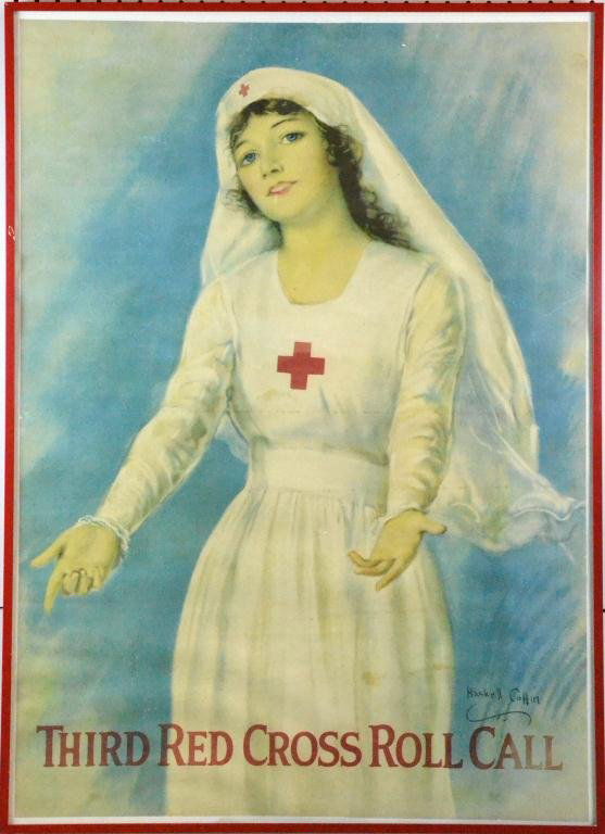 WW1 Third Red Cross Roll Call Poster: Featuring an original World War One era poster by Haskell Coffin, featuring an angel of mercy nurse, 40" H x 28.75" W sight and frame, some minor stabized tears, some rubbing in the lip area, otherwis