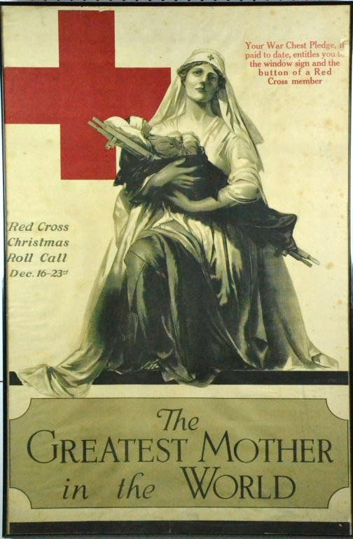 WW1 Red Cross The Greatest Mother In The World: A World War One era original Red Cross linen backed poster, "The Greatst Mother in the World," by Alonzo Earl Foringer, featuring a nurse cradling a wounded soldier, promoting the Red Cross Christmas