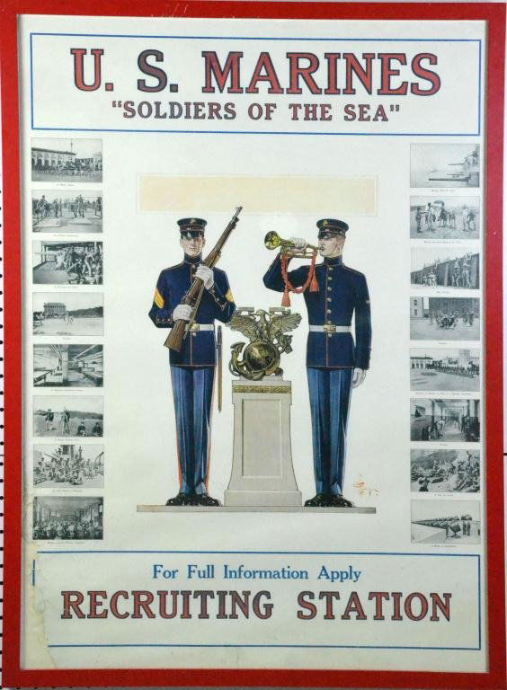 U.S. Marines J.C. Leyendecker WW1 Poster: A World War One poster by J.C. Leyendecker (1874 - 1951) " U.S. Marines," " Soldiers of the Sea," " For Full Information Apply Recruiting Station," 40" H x 29" W, sight and frame. Condition: a triangu