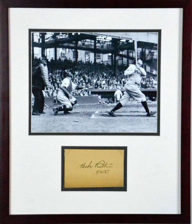 1937 Babe Ruth Autograph & Photograph Framed: A Babe Ruth autograph dated 8/4/37 with a photograph of Ruth hitting a home run, autograph sight: 3" H x 10" W, 17.5" H x 15" W frame. Certificate of Authenticity: Academy of Manuscript and Autograph.