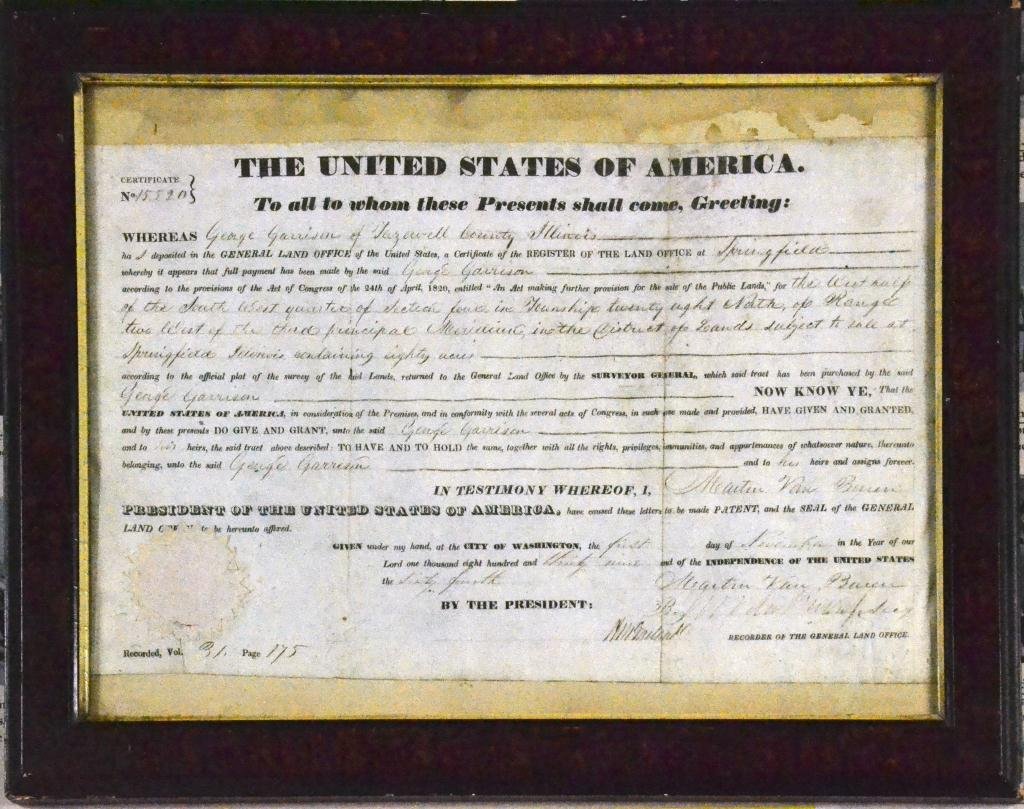 Pres. Martin Van Buren Signed Document: Signed land grant by Martin Van Buren, November 1st 1839, for George Garrison, Tazewell County, Illinois, certificate No. 15520, with seal, 14.5" H x 18.5" W.