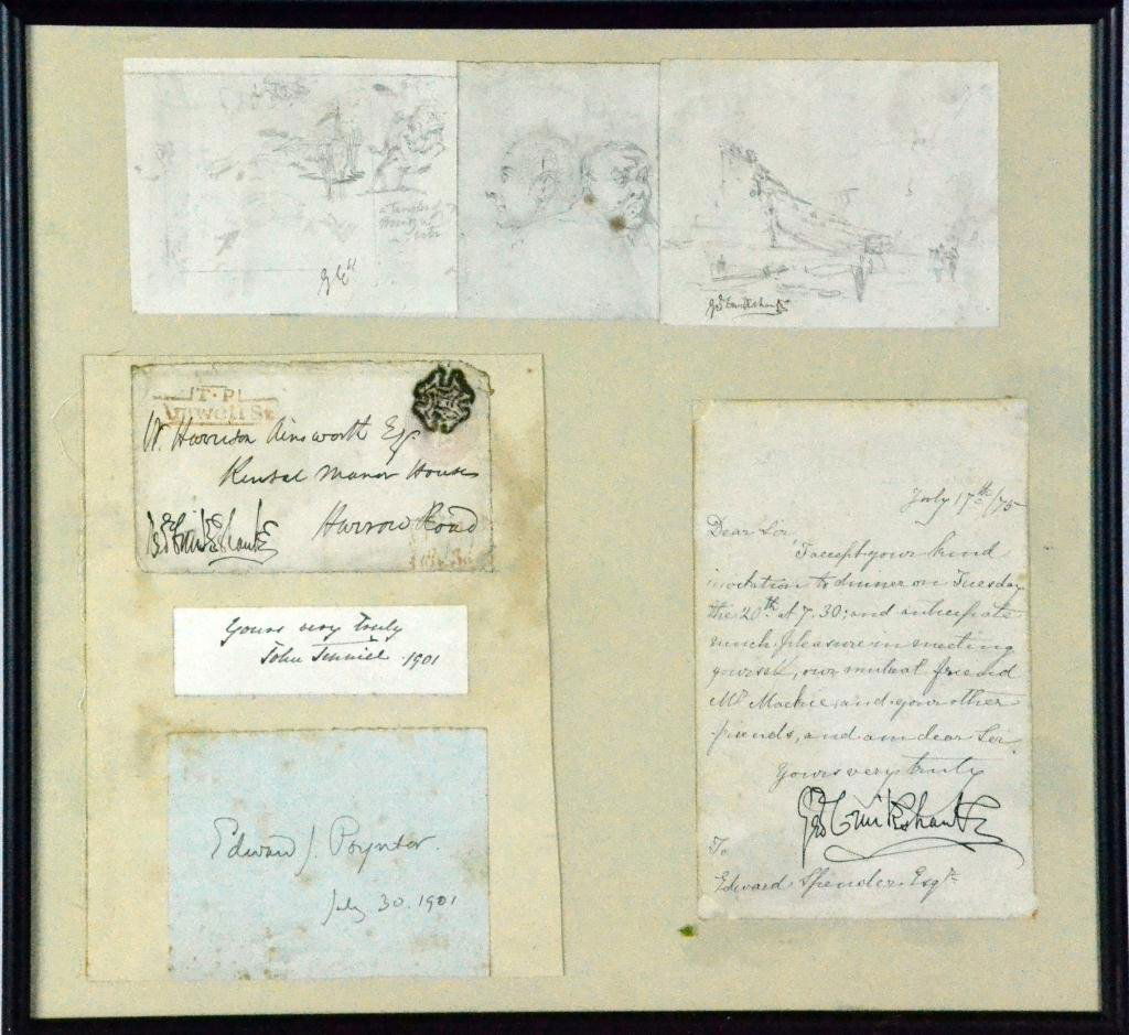 (7) George Cruikshank Autograph & Drawings Etc.: To include: a signed George Cruikshank ( 1792 - 1878 ) signed letter, three drawings of which two are signed, and a signed note, also two 1901 signed autographs by English artists: John Tenniel ( 1820