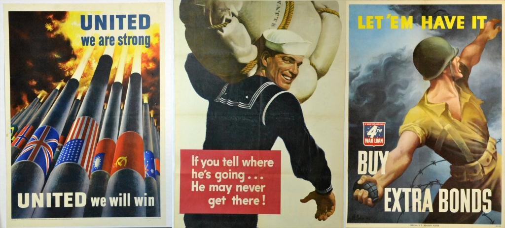 (3) U.S. World War 2 Posters: To include three World War 2 posters: " If You Tell Where He's Goingà.He May Never Get There!" poster of a sailor by John Falter, 28" H x 20" W, a " Let ' Em Have It," grenade throwing soldier, 28" H