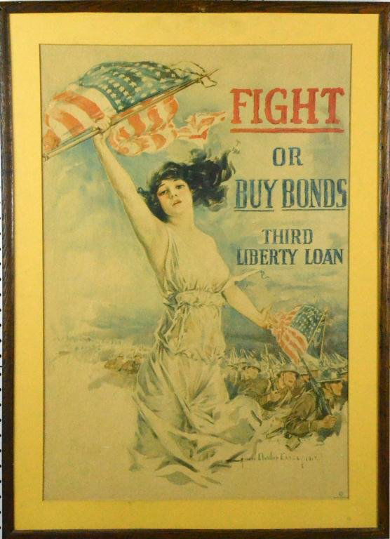 Fight Or Buy Bonds Third Liberty Loan WW1 Poster: A World War One poster: " Fight or Buy Bonds Third Liberty Loan," by Howard Chandler Christy, (1873 - 1952) protraying a lady holding an American flag, with marching soldiers in the background, 34.25"