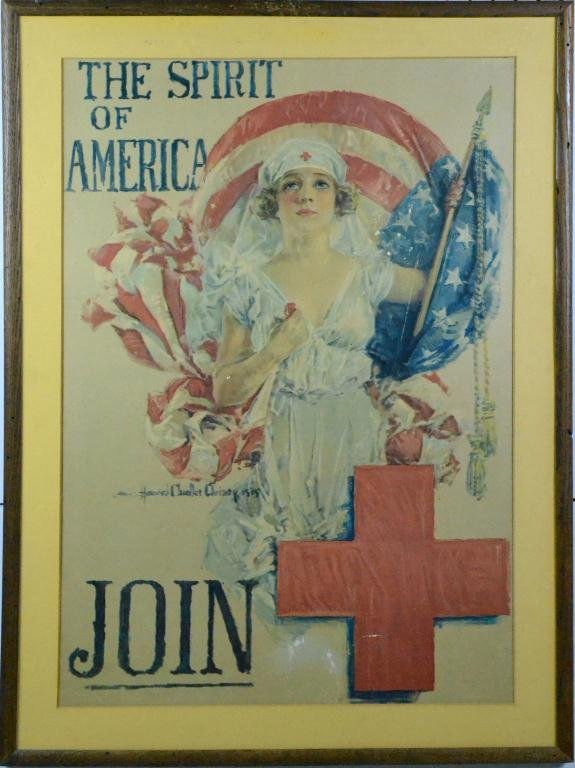 The Spirit Of America, H. C. Christy WW1 Poster: A World War One poster: " The Spirit of America," " Join," with a large red cross alongside, by Howard Chandler Christy, (1873 - 1952) 34" H x 24.75" W, sight and frame. Condition: two closed tears to