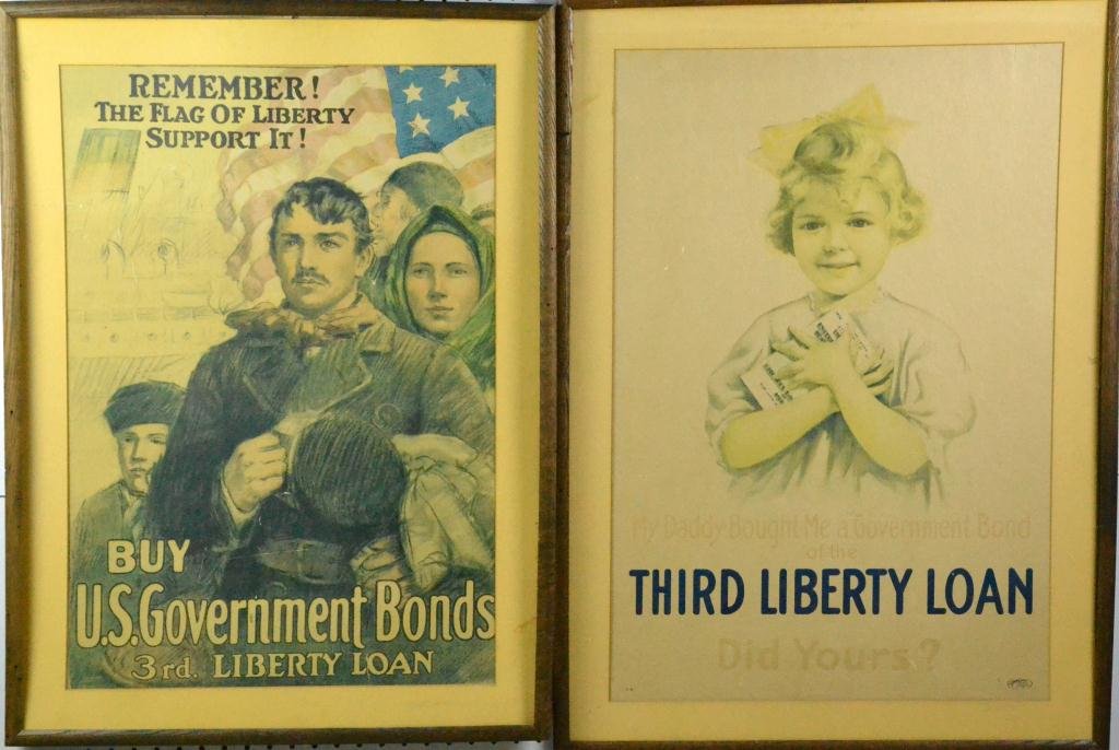 (2) 3rd Lib. Loan & Buy Govt. Bonds WW1 Posters: To include a " Third Liberty Loan," and a " Remember The Flag Of Liberty Support It! " " Buy U.S. Government Bonds," "Third Liberty Loan," the largest is: 34" H x 24.5" W, sight and frame. Condition: 