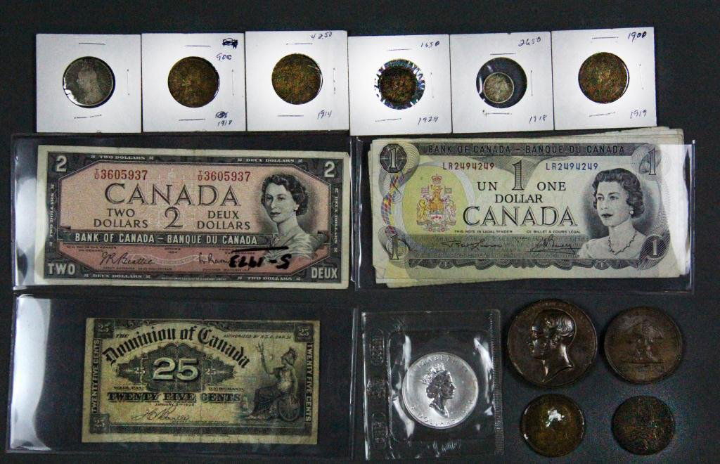 (19) Canadian Bills & Coins & British Coins: To include a Silver 1 ounce Canadian 1990 5 dollar coin, a 1851 Prince Albert President of the Royal Commission, commemorative large copper coin, a 1897 commemorative copper coin made from the Lord Ne